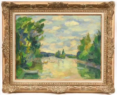 une peinture à l'huile représentant une scène de rivière avec un bateau dans l'eau