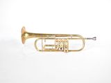 an old brass trumpet sitting on top of a white surface