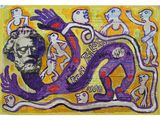 tableau violet et jaune représentant un homme avec un serpent sur fond jaune