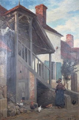 un tableau représentant une femme debout devant une maison