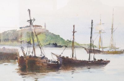 une peinture représentant un bateau sur l'eau avec un château en arrière-plan