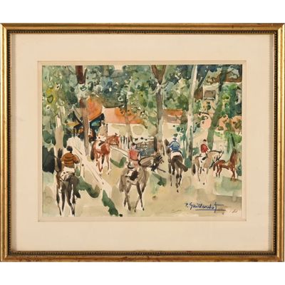 aquarelle encadrée représentant une course hippique avec des jockeys et des cavaliers