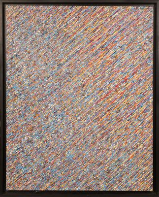 a painting with a black frame on a white wall