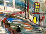 a painting of a boat on the water with a building in the background