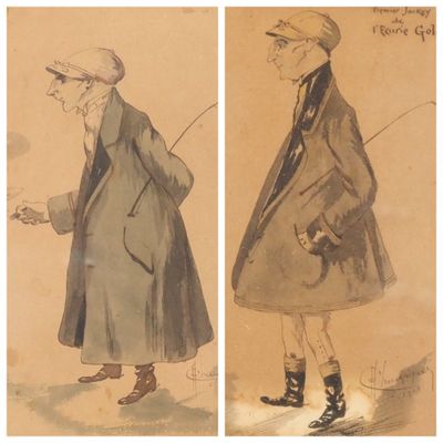 deux dessins représentant un homme en manteau et une femme coiffée d'un chapeau