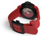 the watch is red and black on a white background