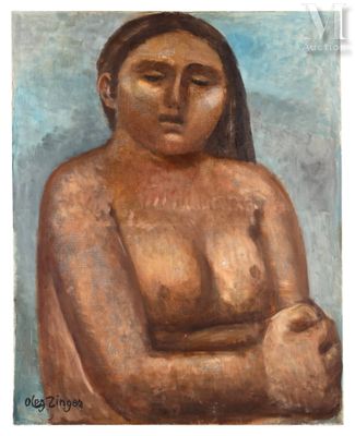 une peinture à l'huile représentant une femme aux cheveux longs et torse nu