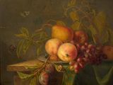 painting of a still life of fruit on a table with a cloth
