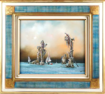 an oil painting of a group of people on a boat in the ocean