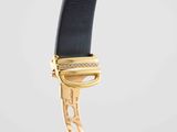 a close up of a black and gold purse on a white background