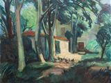 une peinture à l'huile représentant une maison située dans un cadre boisé, entourée d'arbres