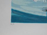 a picture of a painting of a plane flying over the ocean