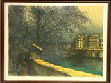 tableau représentant un homme assis sur un banc au bord d'un plan d'eau, avec des bâtiments en arrière-plan