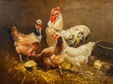 tableau représentant un groupe de poulets en train de manger dans un bol dans une grange