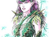 une image représentant le dessin d'une femme aux cheveux verts et violets