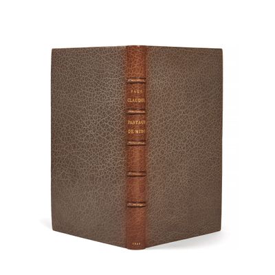 un vieux livre à la couverture brune posé sur une surface blanche