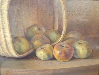 un tableau représentant des pommes et des poires dans un panier