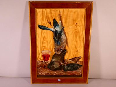 painting of a duck with a glass of wine on a table