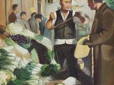 un tableau représentant un homme et une femme debout devant un étal de légumes