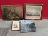 two framed pictures and a picture of a castle on a red wall