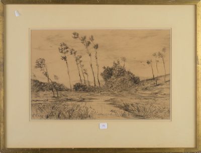 drawing of a landscape with trees and a river in the foreground