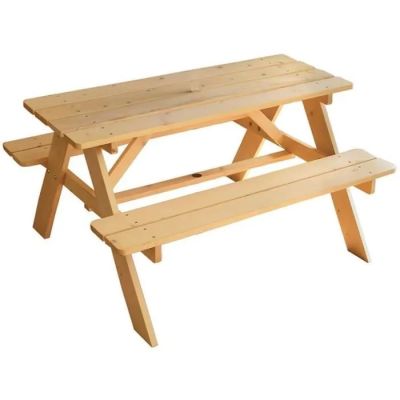 a wooden picnic table with two benches on it