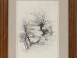 a black and white drawing of a tree in the snow