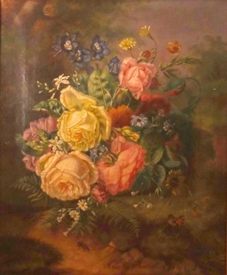 painting of flowers in a vase on a table in a room
