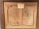a picture of a wooden window with a sign on it