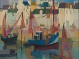 tableau représentant des bateaux dans un port, avec des maisons en arrière-plan