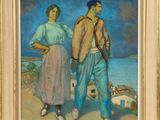 tableau représentant un homme et une femme debout l'un à côté de l'autre sur une plage