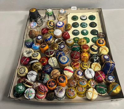 une boîte remplie de capsules de bière de toutes sortes posée sur une table