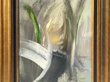 une peinture à l'huile représentant deux plantes vertes, dans un cadre doré