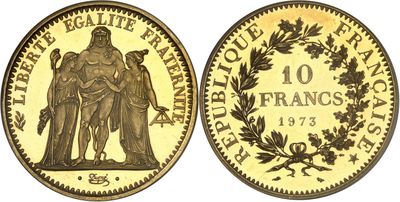 a gold coin with the image of a woman and a man on it