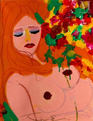 un tableau représentant une femme tenant un bouquet de fleurs