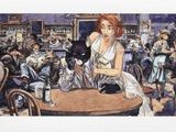 un tableau représentant une femme assise à une table dans un restaurant