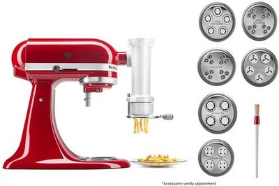 L'accessoire KitchenAid est rouge et comprend cinq embouts pour les pâtes