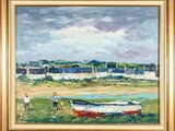 a painting of a man standing next to a boat in a field