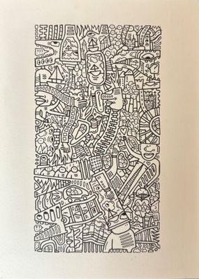 a black and white drawing of a city with lots of buildings
