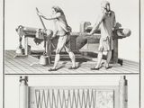 an old drawing of two men working on a machine and another drawing of a man standing at a table
