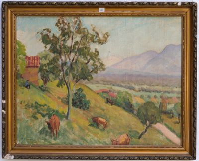 une peinture à l'huile représentant des vaches paissant sur un versant, avec une montagne en arrière-plan