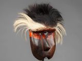 an image of a wooden mask with feathers on it