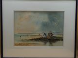 aquarelle encadrée représentant un couple en train de pêcher sur la plage