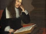 a painting of a man sitting at a table reading a book