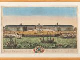 an old picture of a large building with many boats in front of it