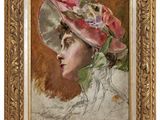 un tableau représentant une femme portant un chapeau rose orné d'une fleur