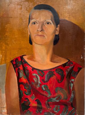 tableau représentant une femme en robe rouge sur fond marron