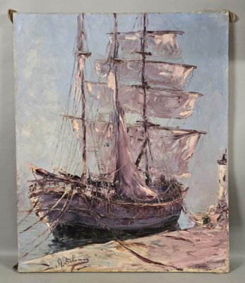 an oil painting of a sailboat in the water near a light house