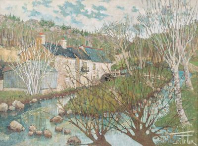 a painting of a house by a river in the country
