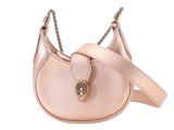 a close up of a pink purse with a chain around it